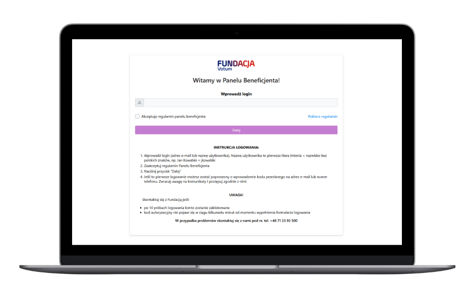 Strona Panelu Benficjenta wyświetlona na laptopie